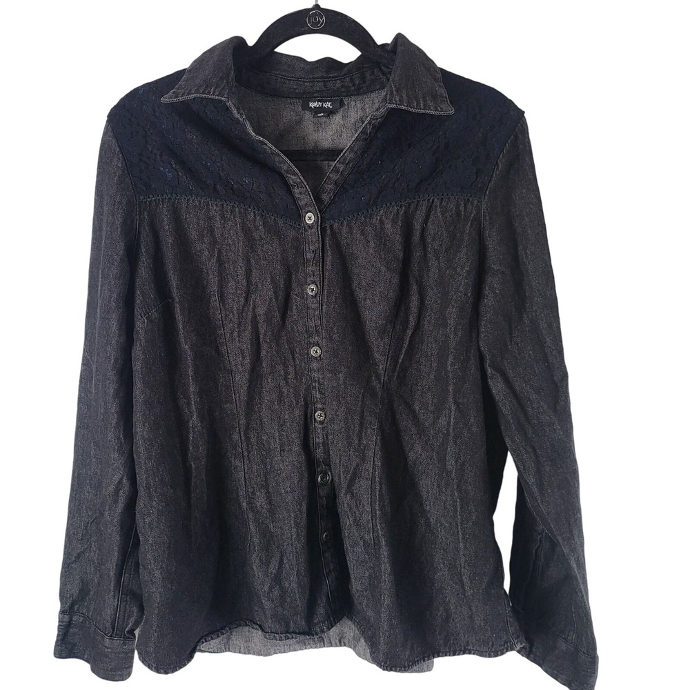 Krazy Kat Button Front Shirt XL Womens Black Blue Lace Long Sleeve V Neck Top